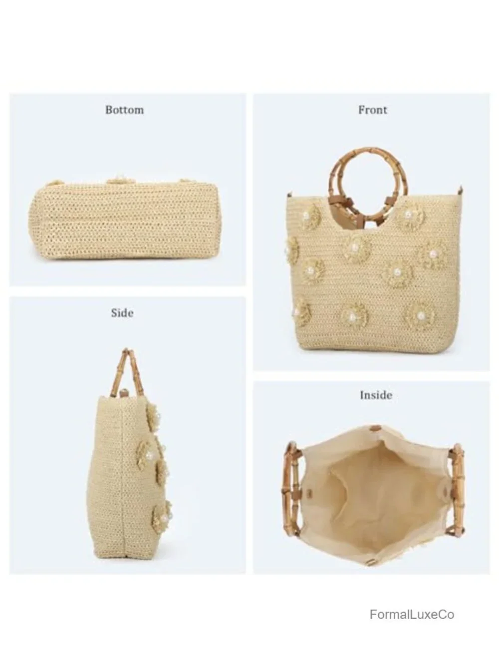 SUKUTU Flower Pearls Straw Tote Bag Women Summer Beach Woven Top Handle Handbag